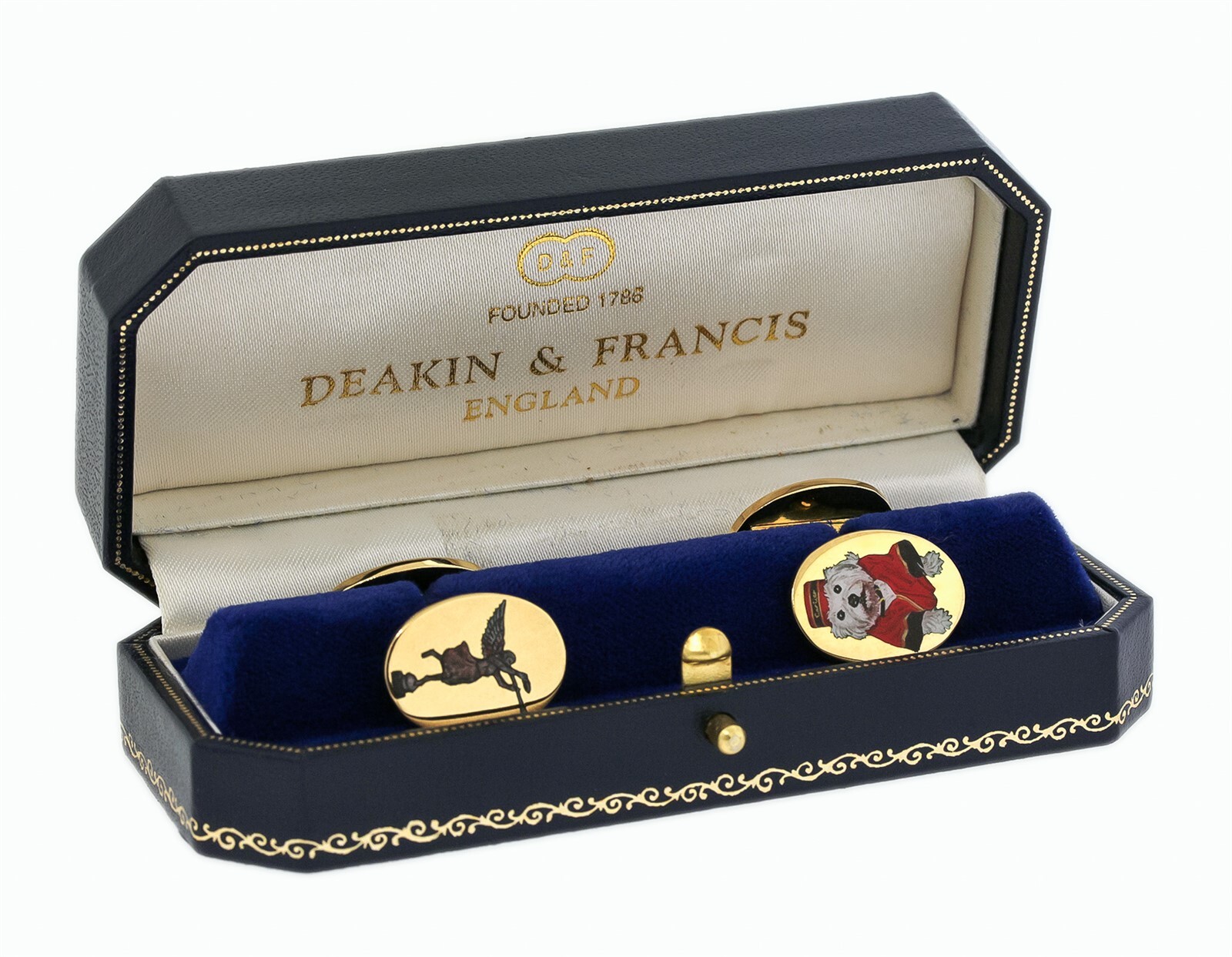 Vintage Deakin & Francis for Cartier Oval Enamel Dog Cufflinks 18K Yellow Gold