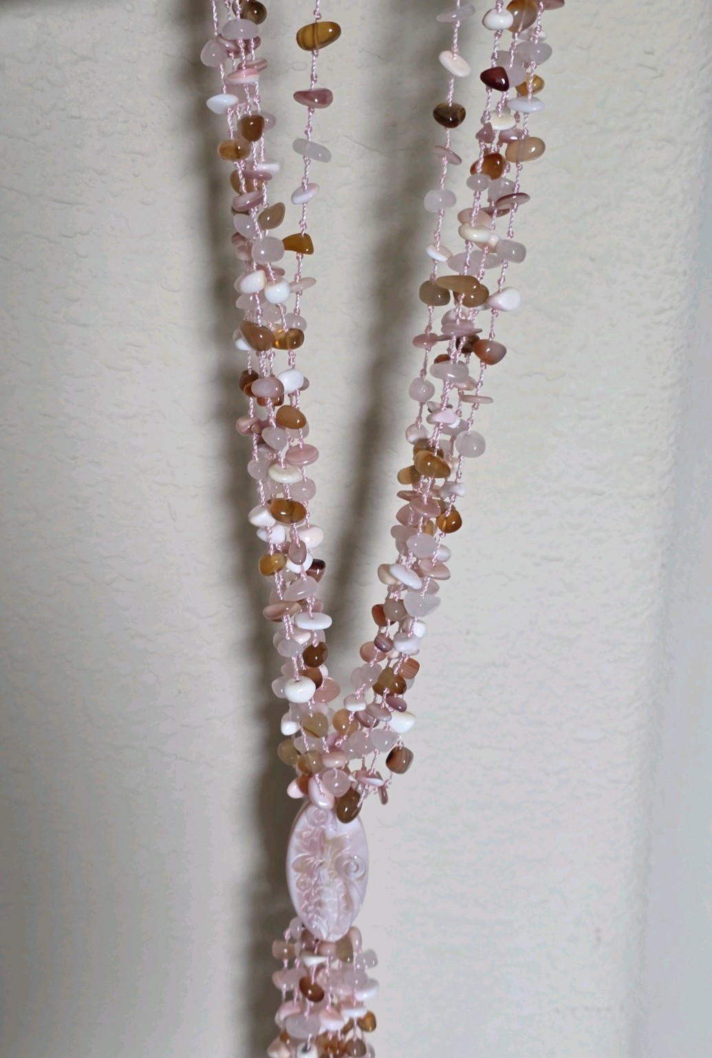 Sajen Multi Strand Gemstone Whimsical Statement Necklace Shell Rose Quartz