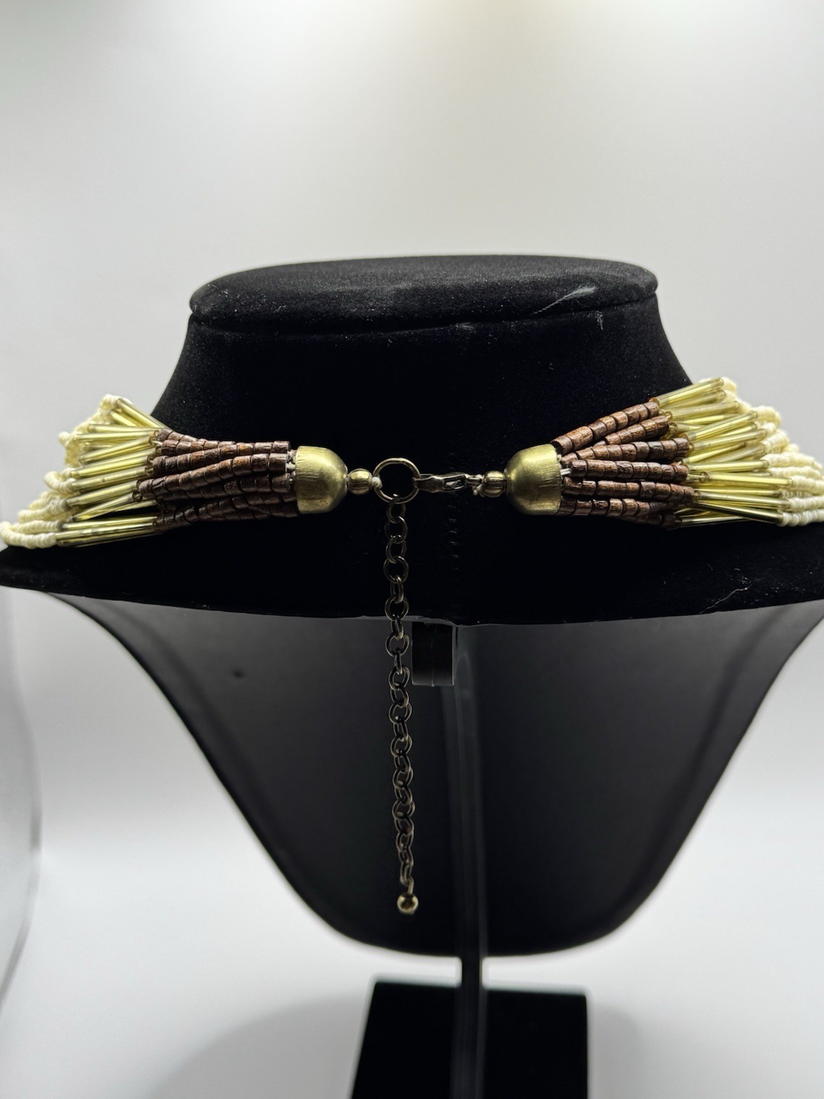 Boho Brass Tube Multi Strand Seed Bead Statement Necklace 30” Tribal Layered