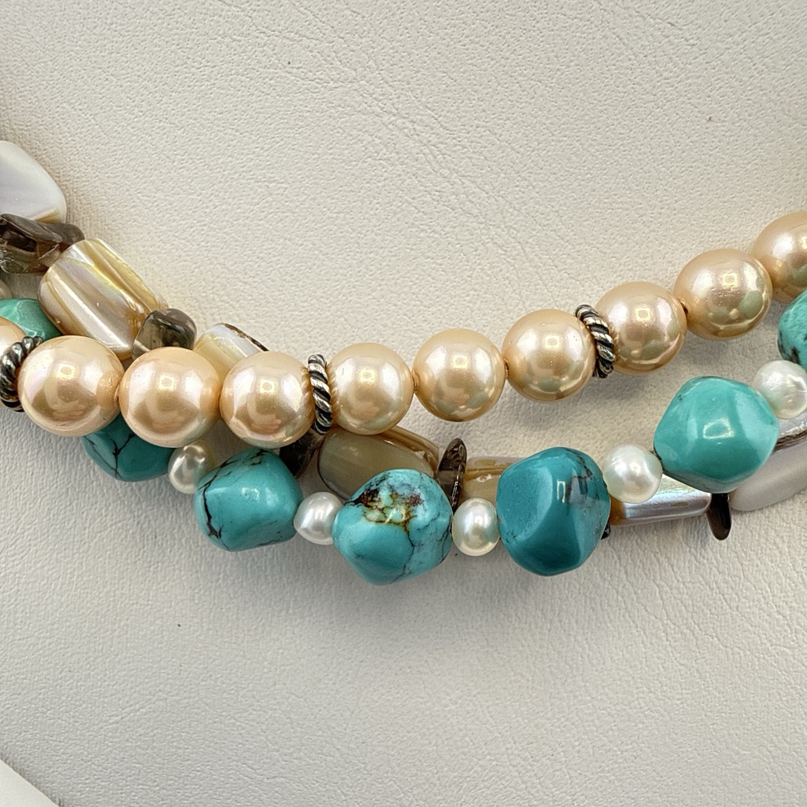Deb Guyot Necklace Turquoise Pearl Triple Strand Sterling Silver 925 HSN Torsade