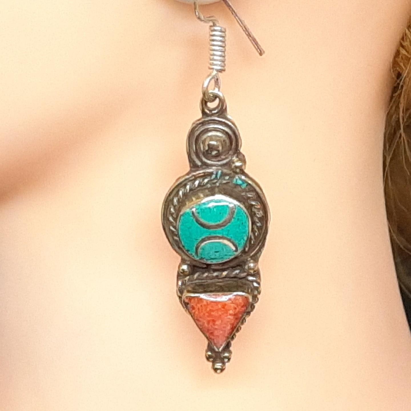 Vintage 12.00ctw Turquoise & Carnelian 925 Silver Dangle Earrings 21.4g