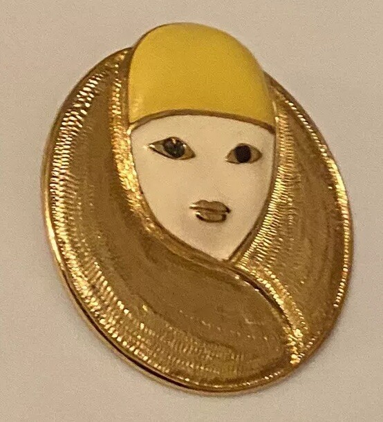 Vtg Signed Orena PARIS Retro Enameled Art Deco French Woman Gold Tone Brooch Pin