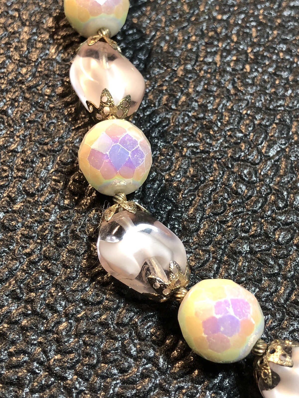 VTG Costume Jewelry Signed TRIFARI Charm,MOP Pinks,Purples,Greens Necklace 17.5”