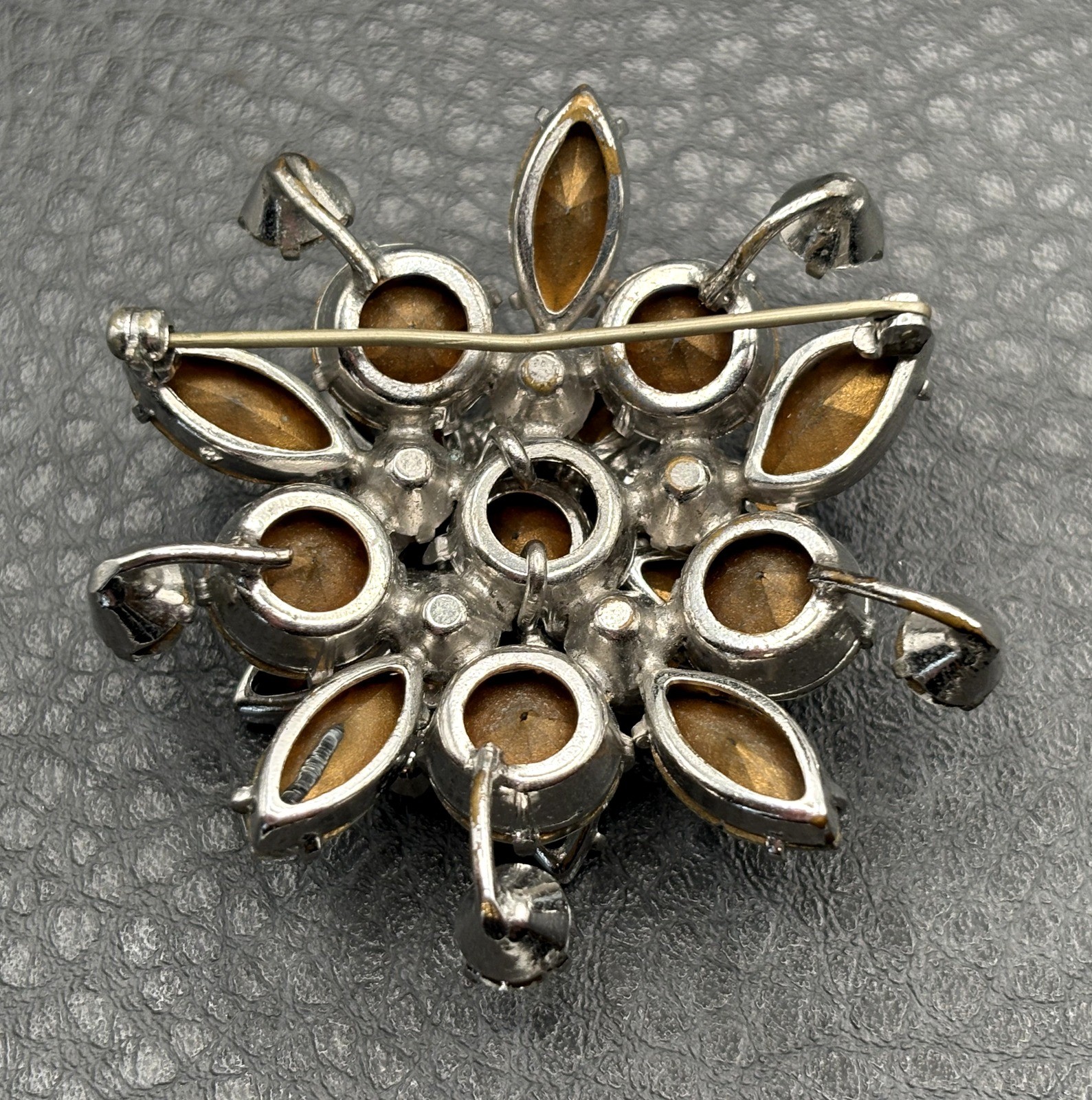 Vintage Austrian Rhinestone Atomic Starburst Brooch Silver Tone Crystal Pin