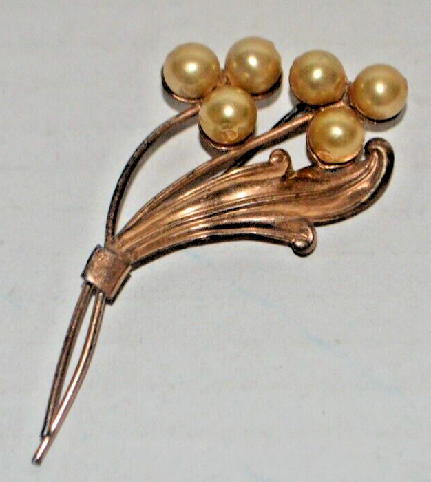 Bronze Brooch with Six Simulated Pearls Missing Closure to Safety Clasp