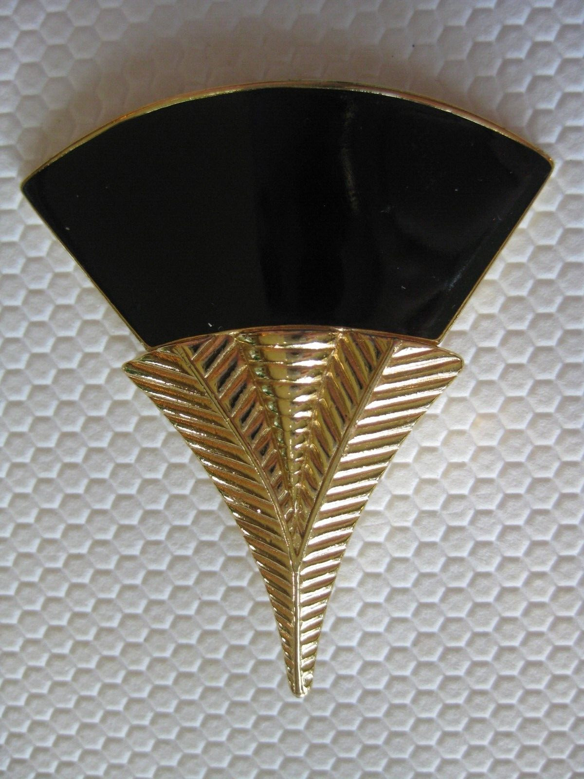 TRIFARI Art Deco Style Brooch Black Enamel Gold Plate Fan Shape Textured Metal