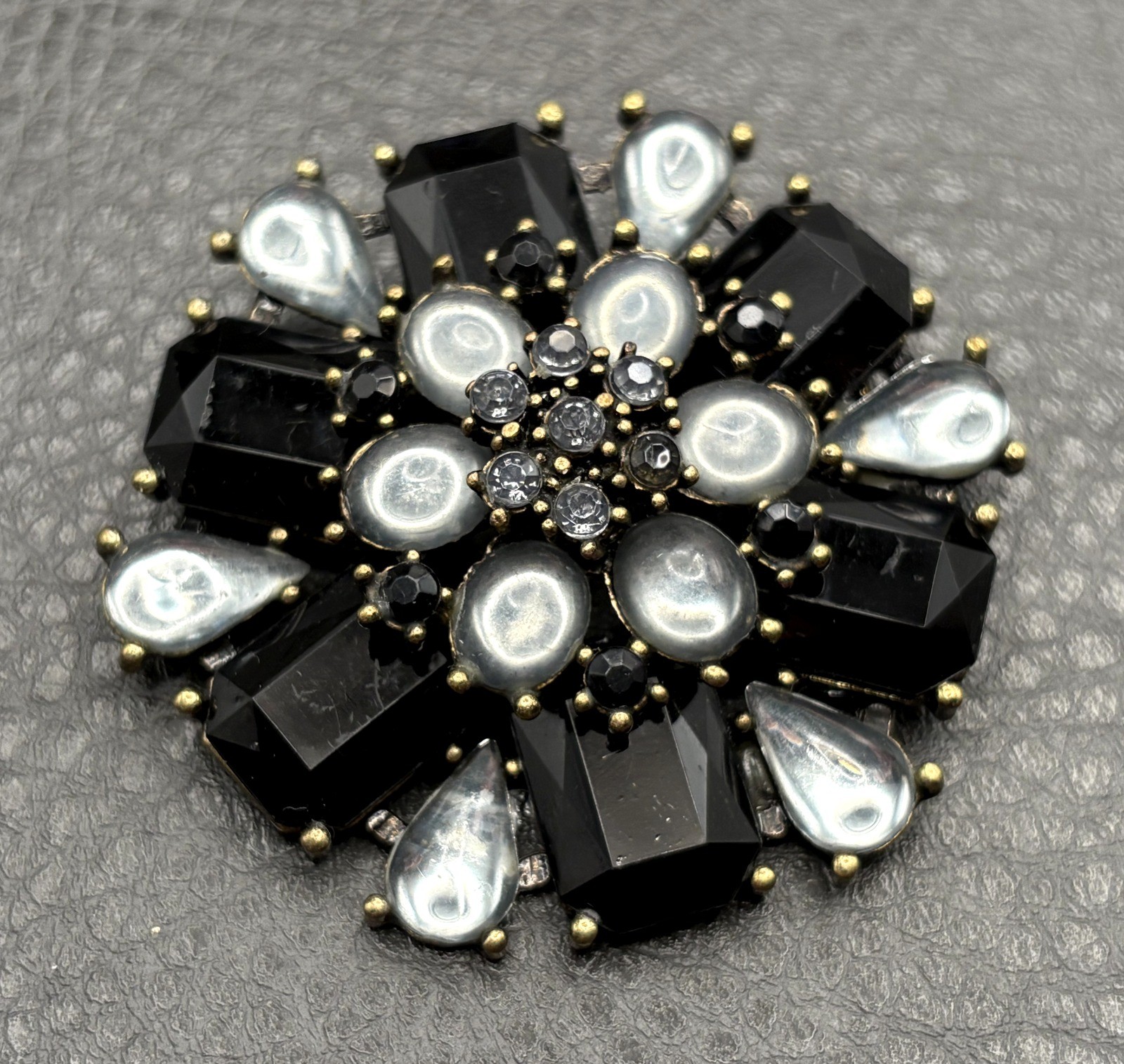 Vintage Black Rhinestone Gray Faux Moonstone Starburst Flower Brooch Pin