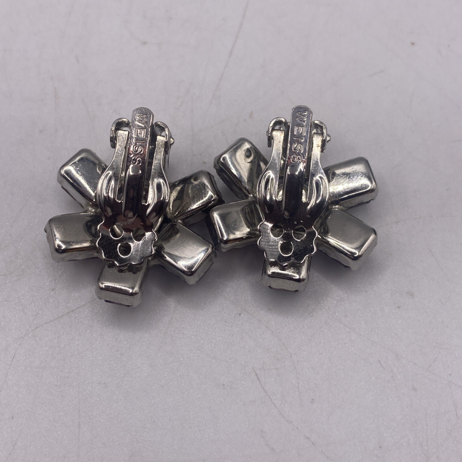Vintage WEISS Emerald Cut Rare Pink Rhinestone Clip On Earrings 7 Stones, Signed