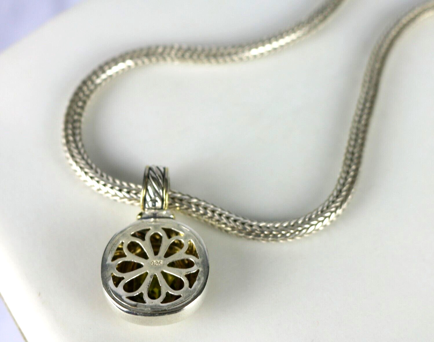 Vintage Sterling Silver 925 Spiga/ Wheat Chain w/ Green Peridot Pendant Necklace