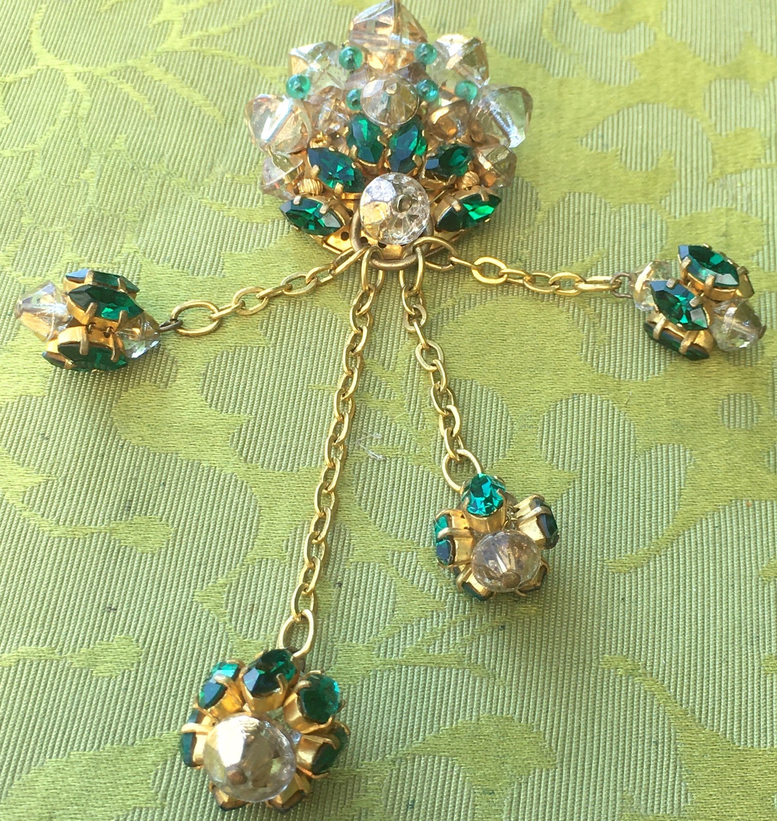 FRENCH STUNNING 1920s BROOCH & DANGLING CHARMS~FOIL BACK CZECH GLASS RHINESTONES