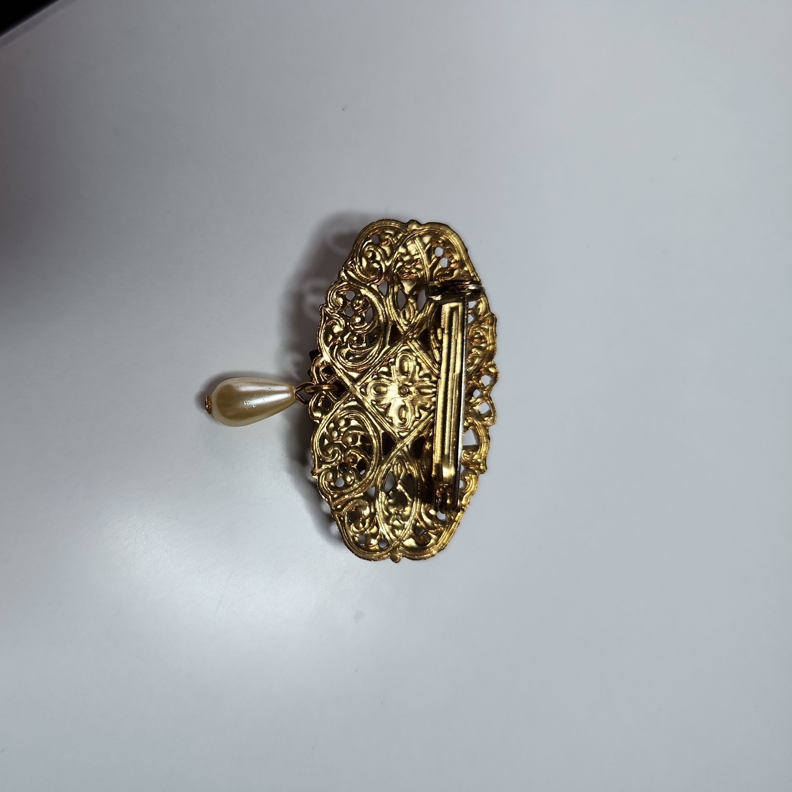 Vintage Brooch Gold Tone Floral Dangle Faux Pearl With Enameled Rose Filigree