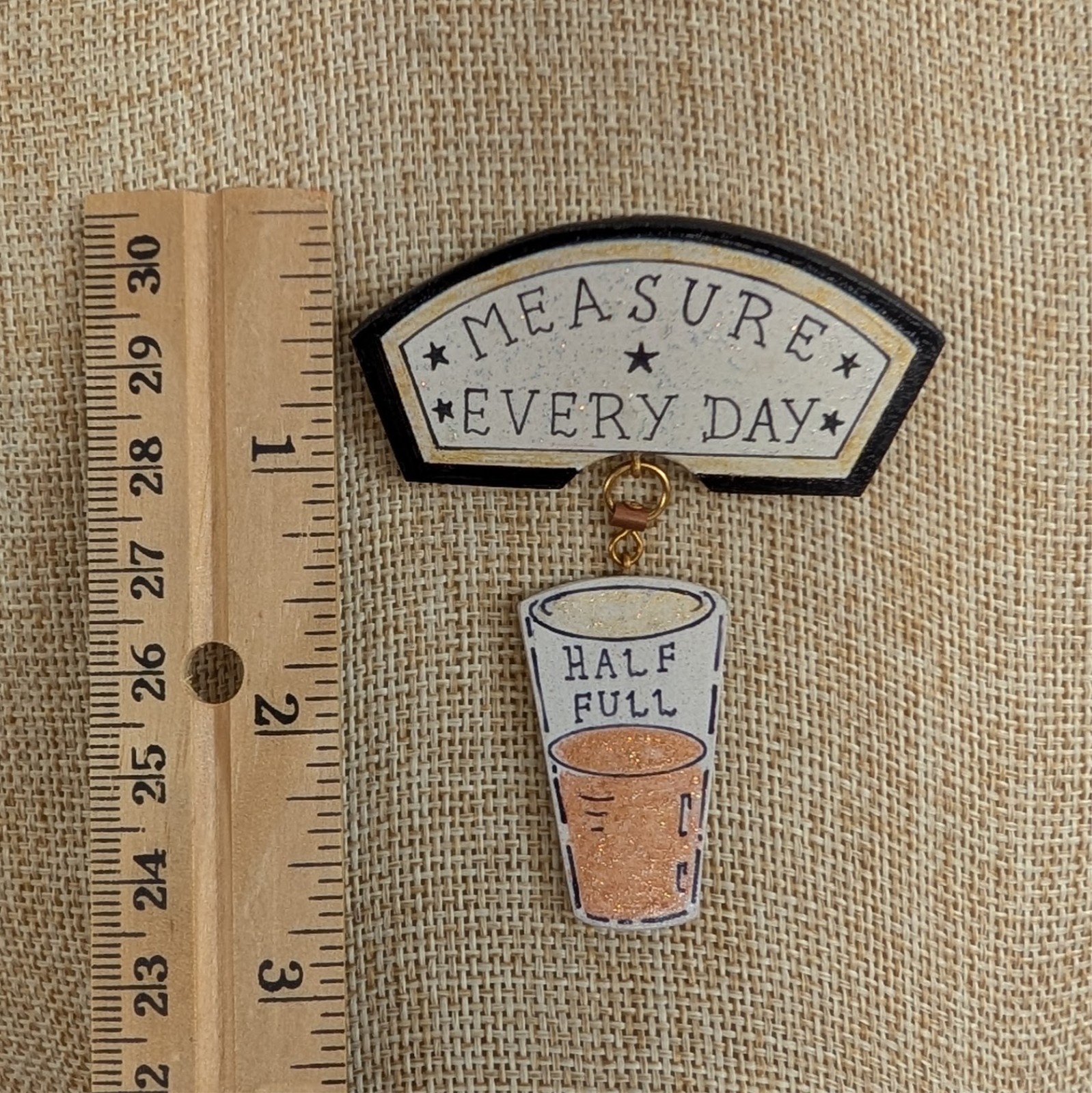 Vintage J Crawford Measure Every Day Spinner Glass Brooch Optimistic Pessimistic