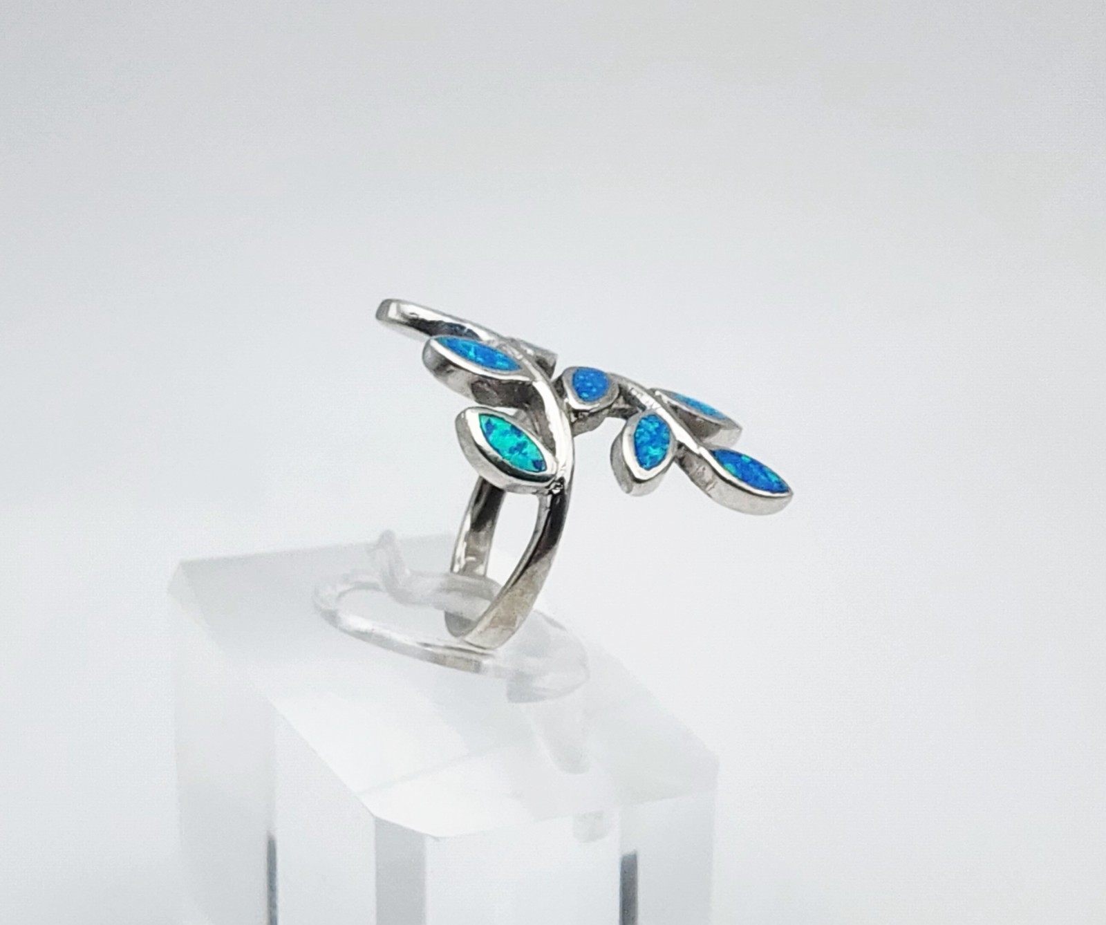 SI Sterling Silver Blue Fire Opal Inlay Branch & Leaf Bypass Ring Size 6.75