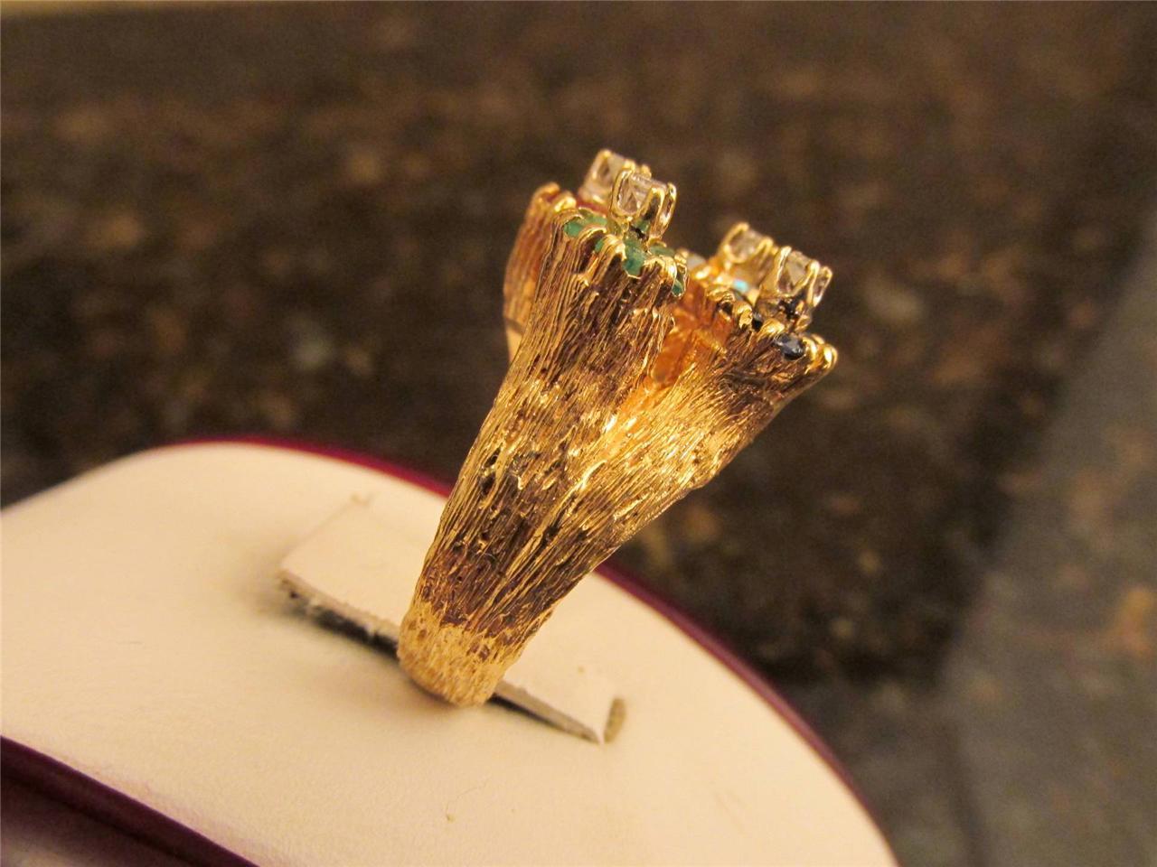 Vintage 14k Solid Gold Colorful Diamond Opal Emerald Sapphire Ruby Ring