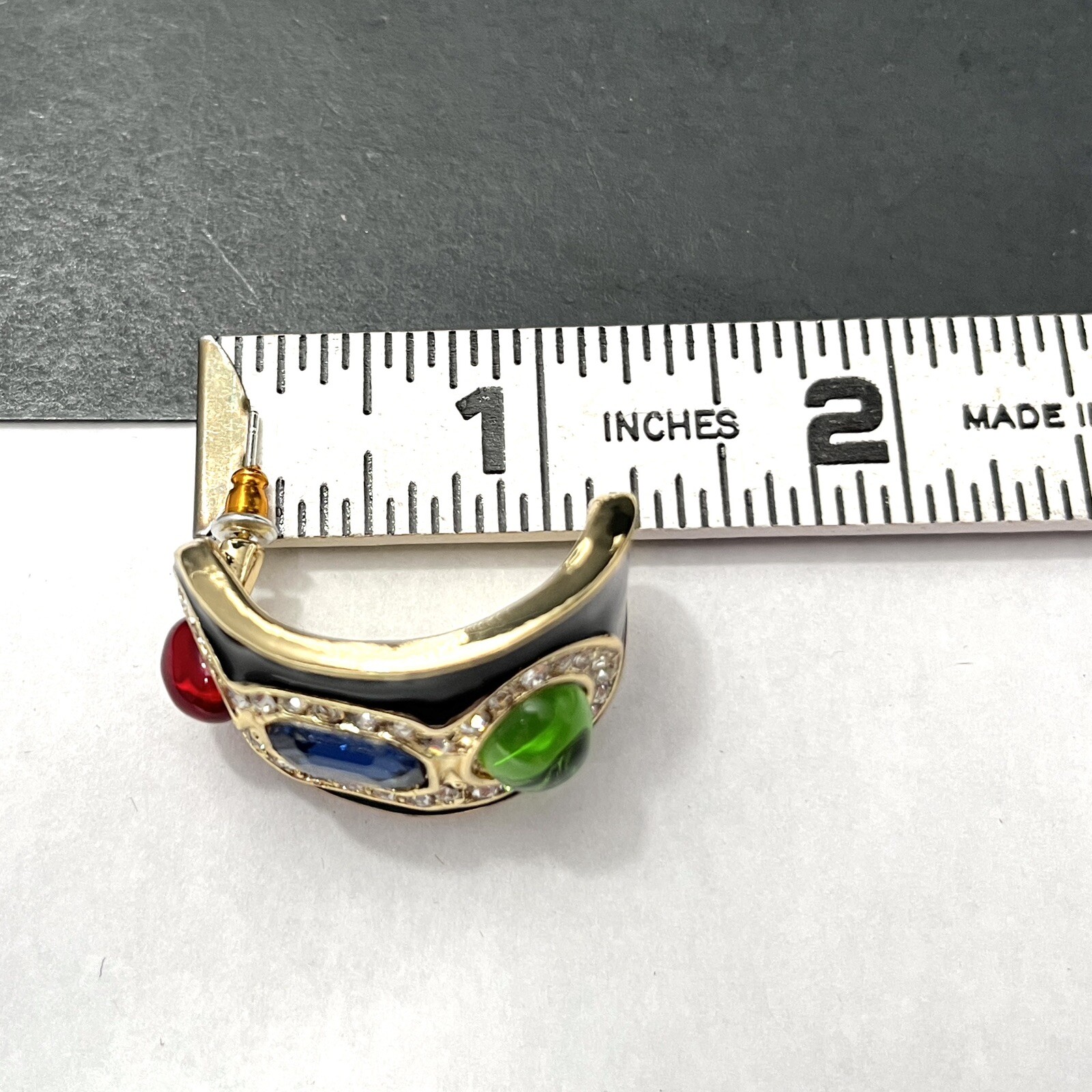 Gripoix Glass Cabochon Earrings Gold Tone Multicolor Half Hoop Huggie Pierced