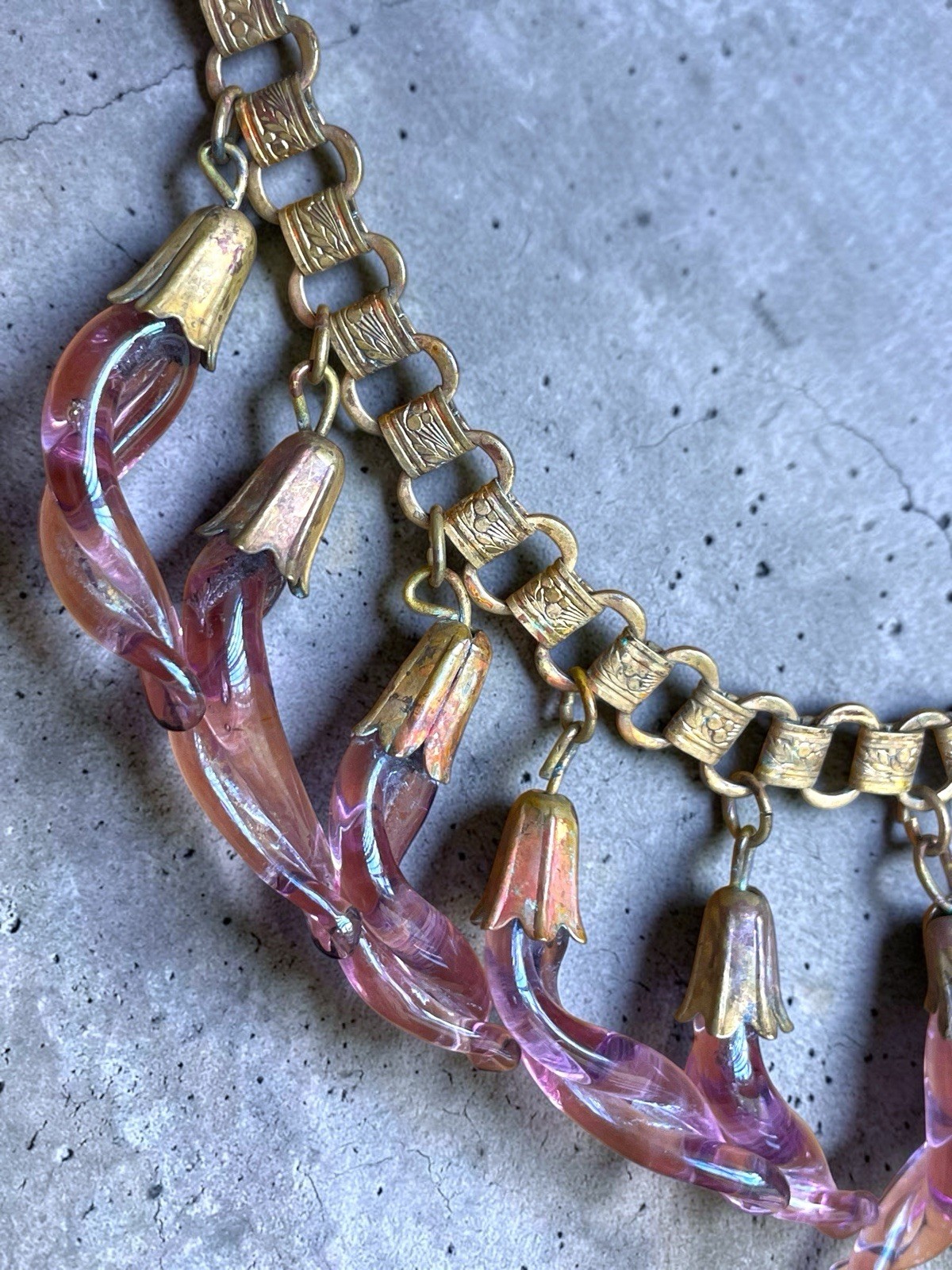 Victorian Book-link Chain Purple Twisted Czech Art Glass Festoon Bib Necklace