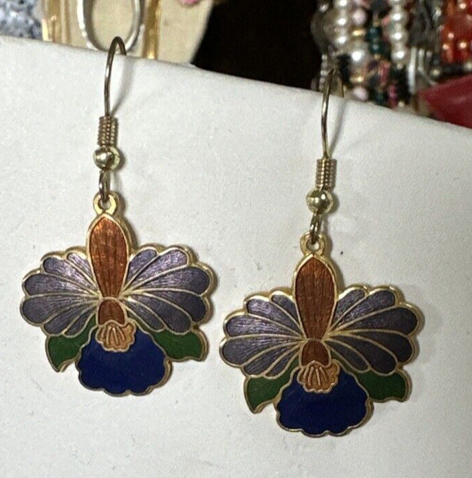 Cloisonne Enameled Blue & Purple Green Orchid Hook Pierced Earrings