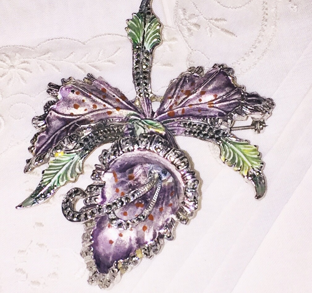 Orchid Brooch Silver Enamel Marcasite Rhodium Lilac Flower Vtg Antique Art Deco