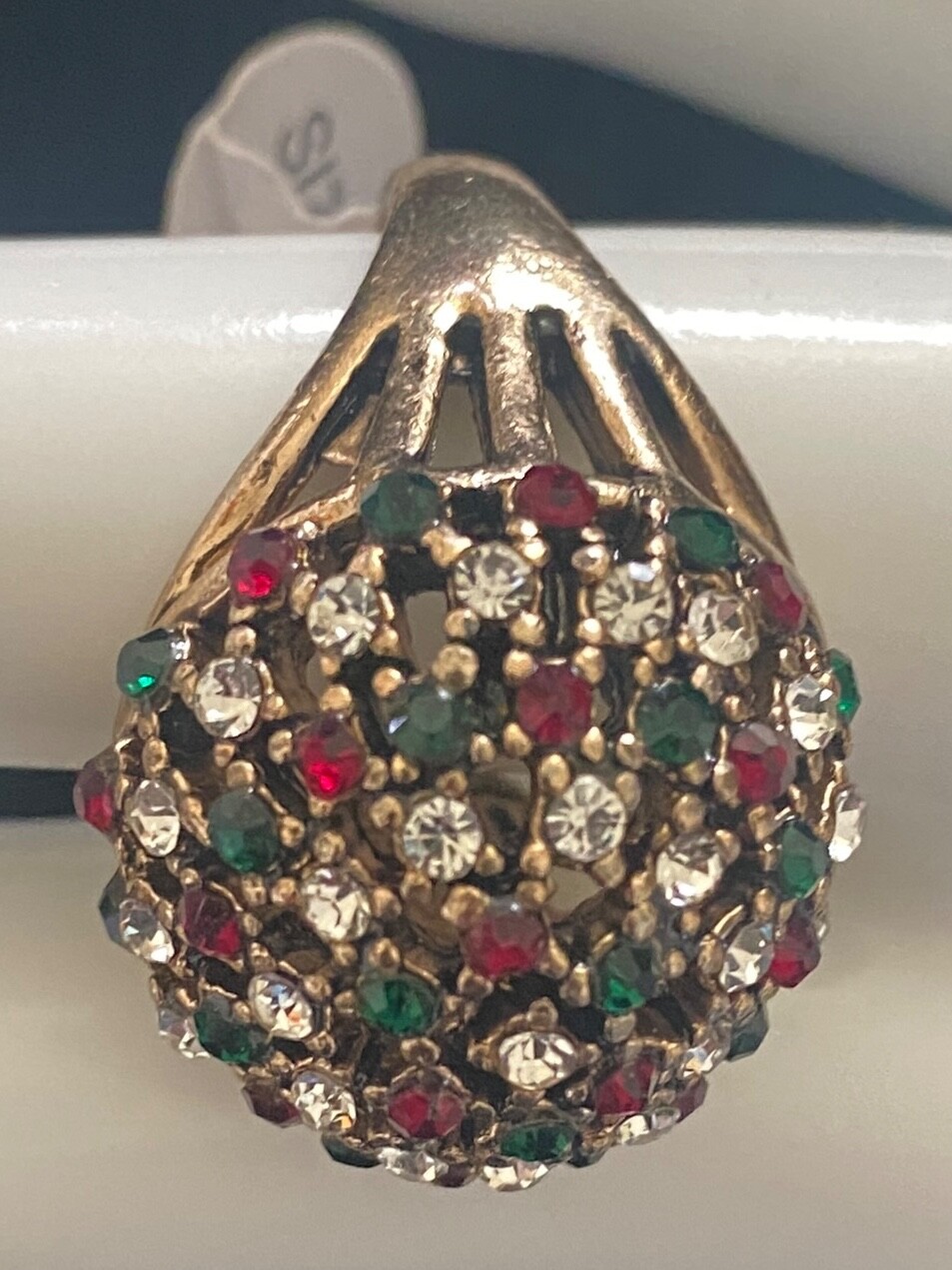 Ring Gold Tone Red Green Rhinestone Large statement Cocktail MCM Sz 9