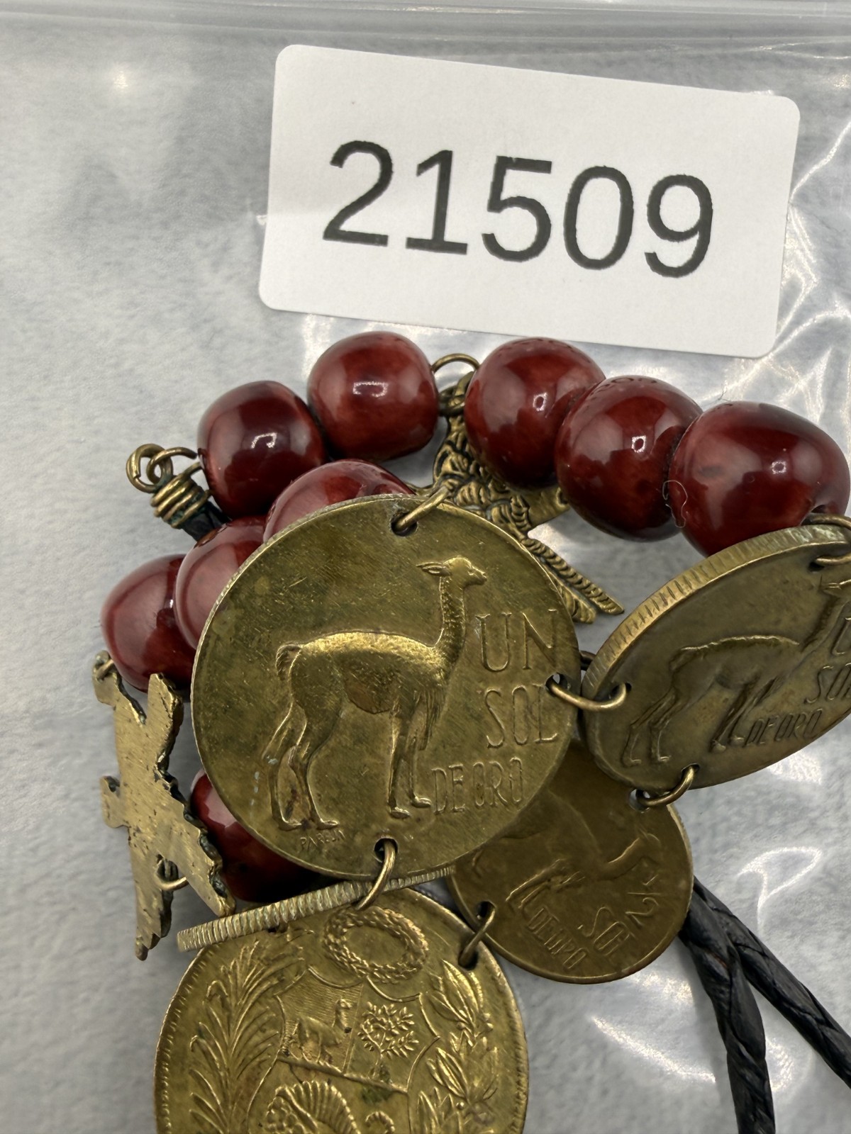 Vintage Peruvian Coin Necklace Leather Cord Red Beads Eagle Gold Tone 23″