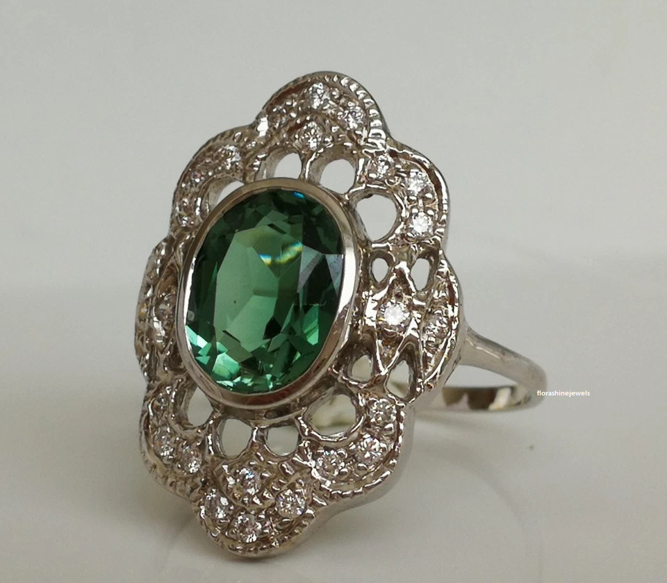 Light Vivid Green Oval Shape 7.45CT Emerald With Shiny CZ Art Deco Floral Ring