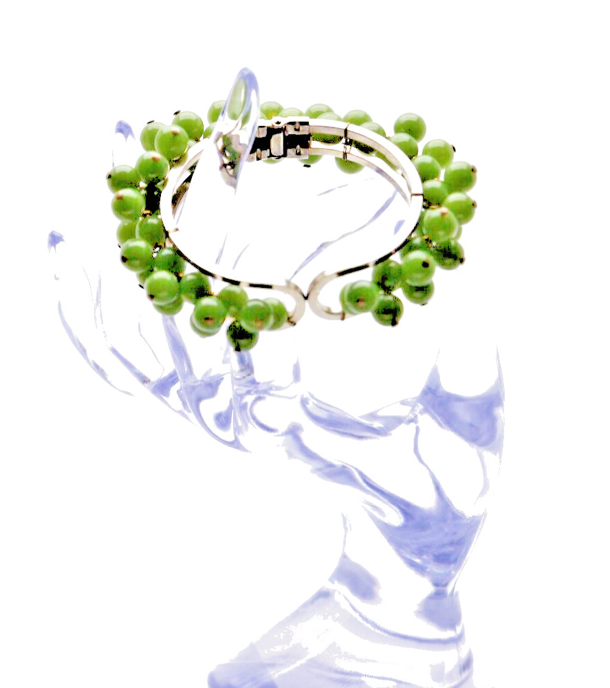 Vintage Green Lucite Bead Silver Hinged Bracelet! Amazing Find!!!