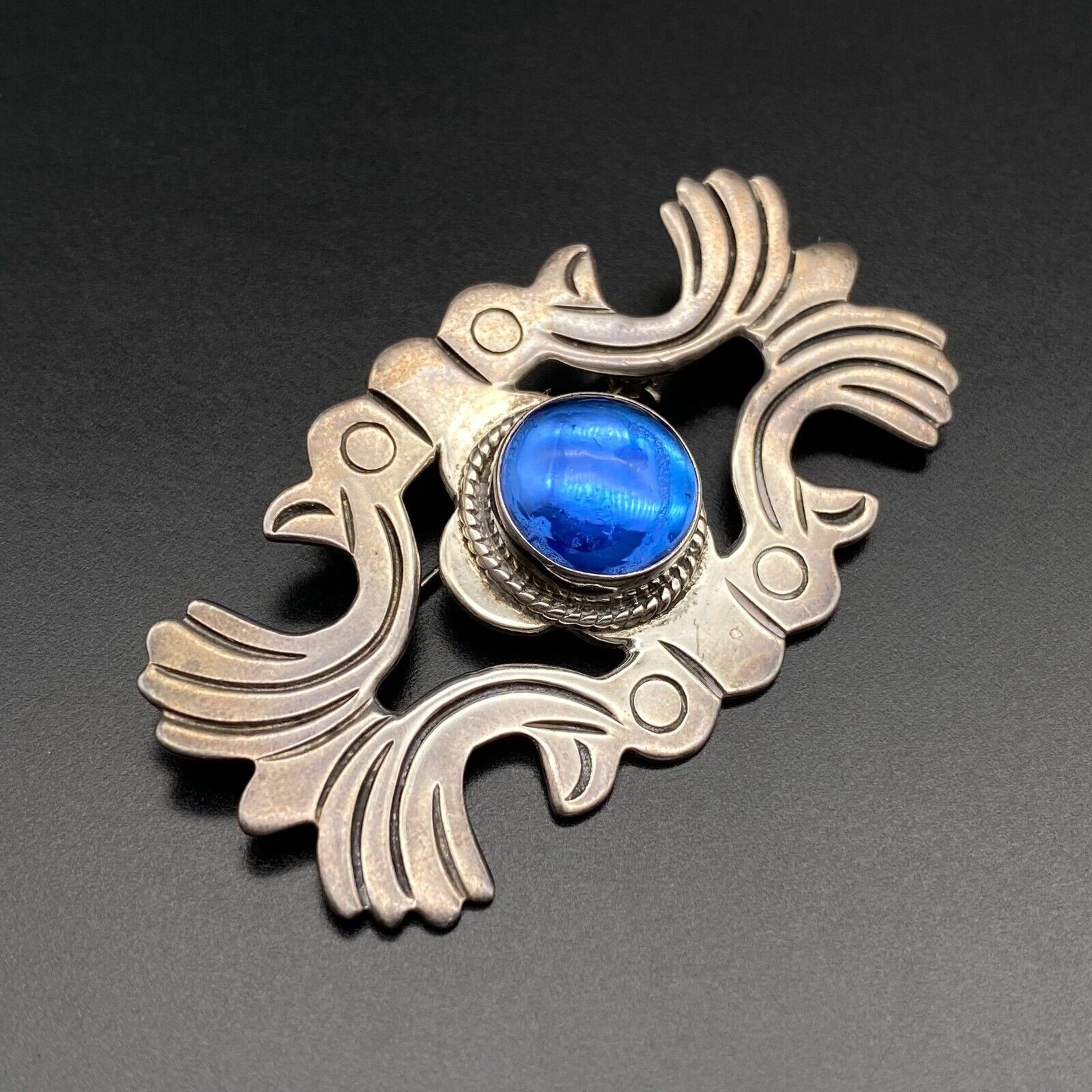 Vintage Mexico Icuala Blue Glass Sterling Silver Pin Brooch