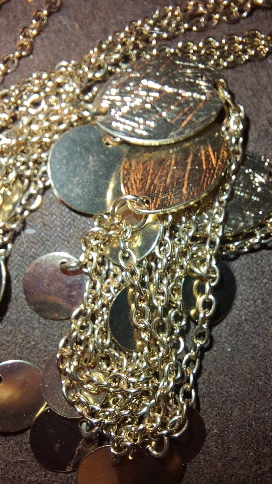 Goldtone multistrand necklace texture finish dangly coins