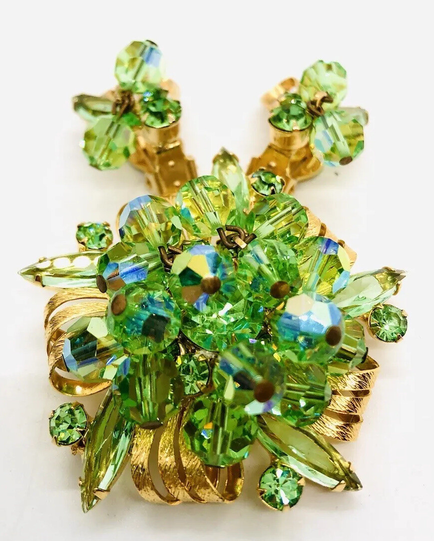JULIANA Delizza Elster URANIUM GLASS Rhinestone Brooch Earrings Vintage Jewelry