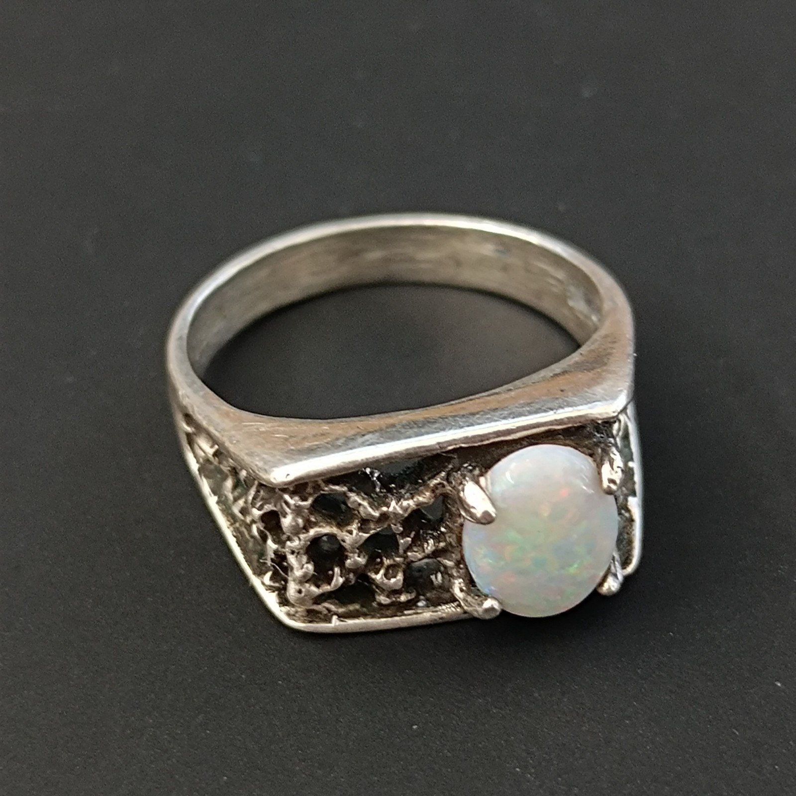 Vintage Opal Ring Silver Brutalist Modernist Israeli Men’s Pinky Women Abstract