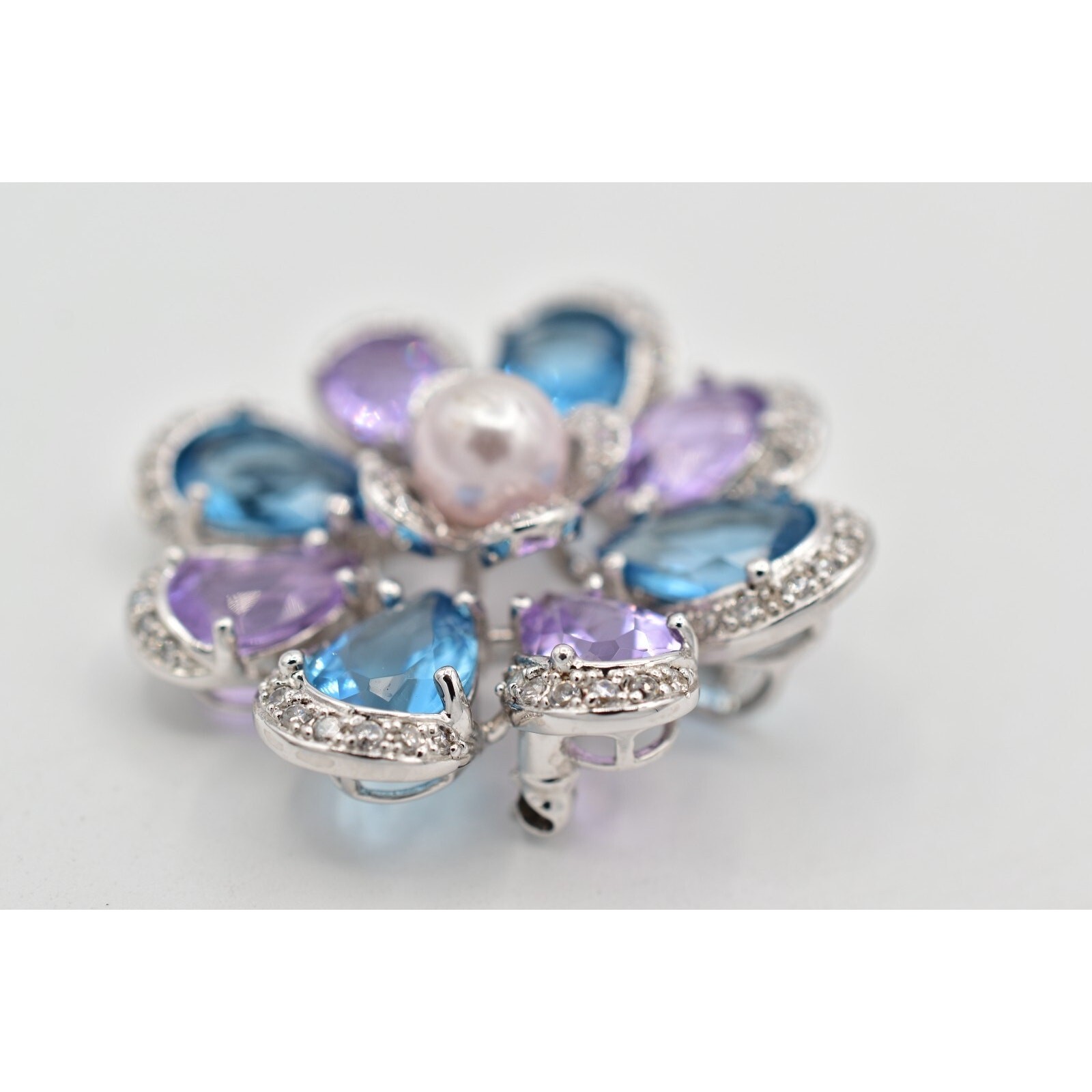 925 Sterling Silver Crystal Flower Pendant Pin Brooch Purple Blue Signed BinBI