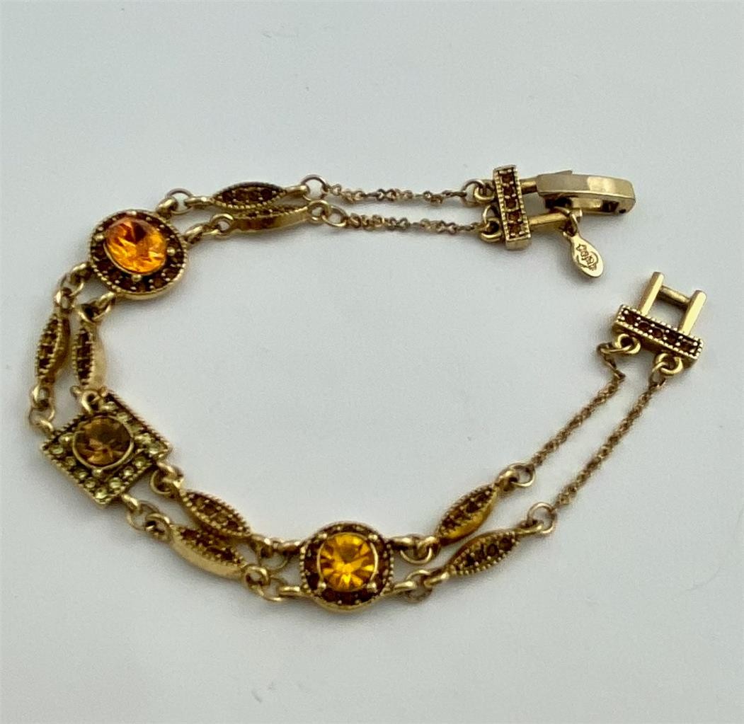 Premier Designs Retired Honey Amber Crystals Gold T Chain Station Bracelet 7.5″L