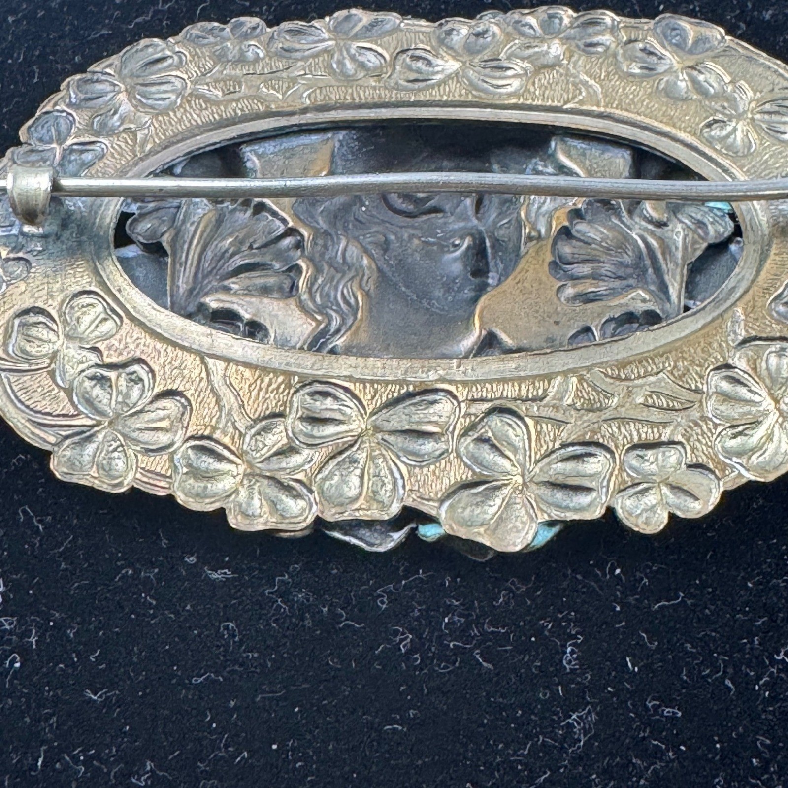 VTG Art Nouveau Revival Repousse Maiden Sash Pin Brooch Ginkgo Faux Turquoise