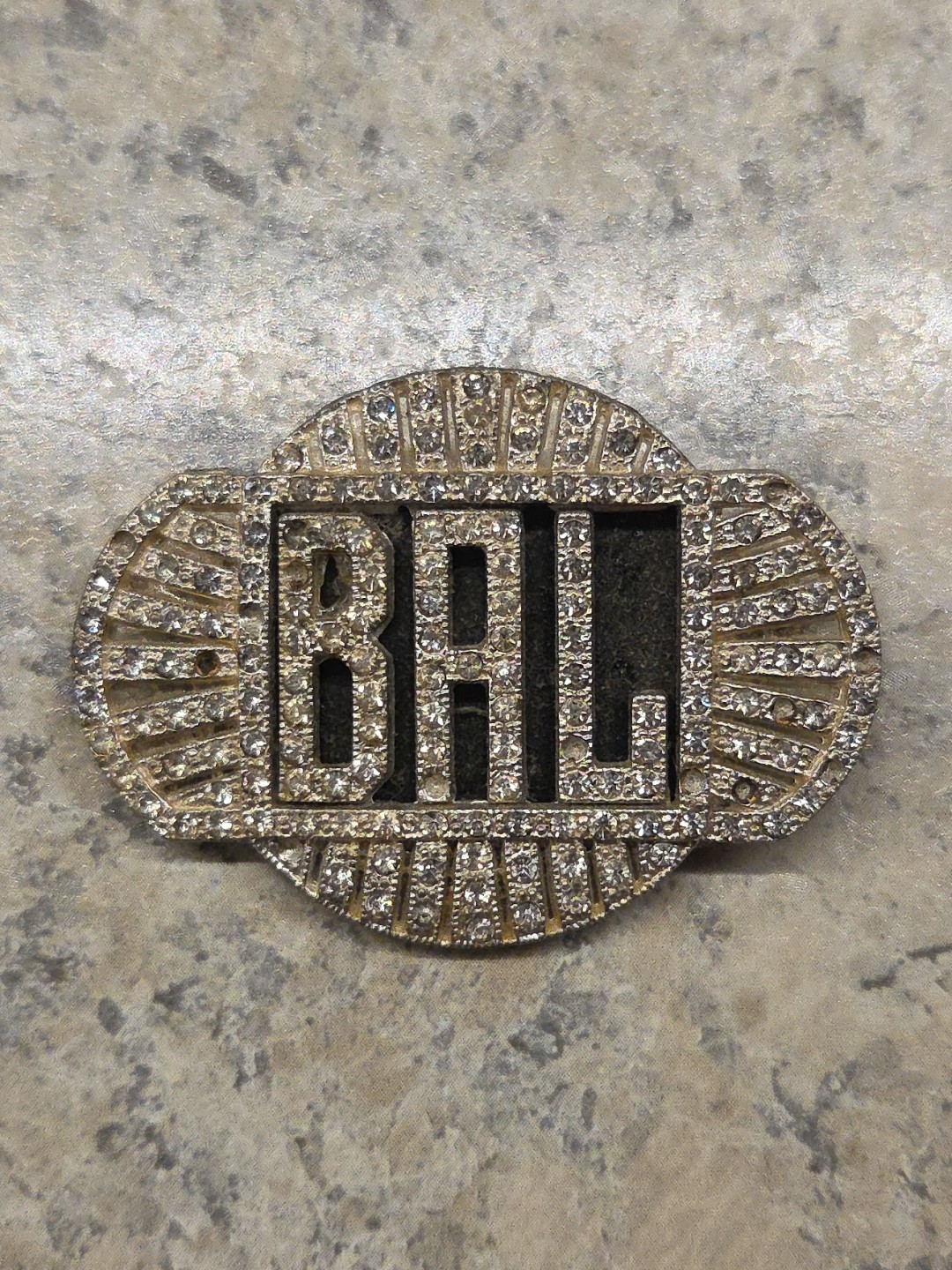 Vintage Art Deco Rhinestone Initial “BAL” Silver Tone Brooch Pin 2″ x 1.5″