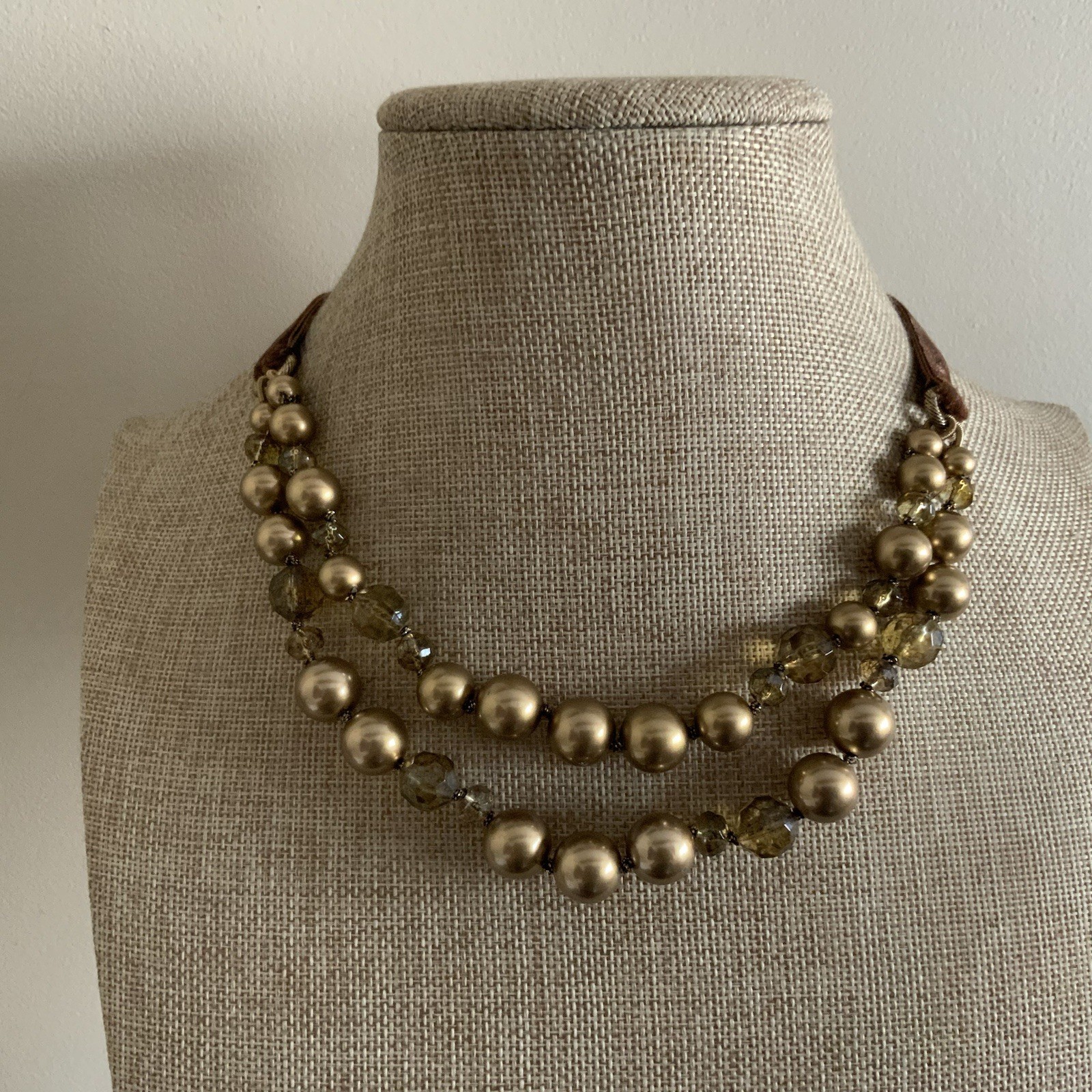 Modern MONET brown green faux pearl double strand velvet ribbons necklace