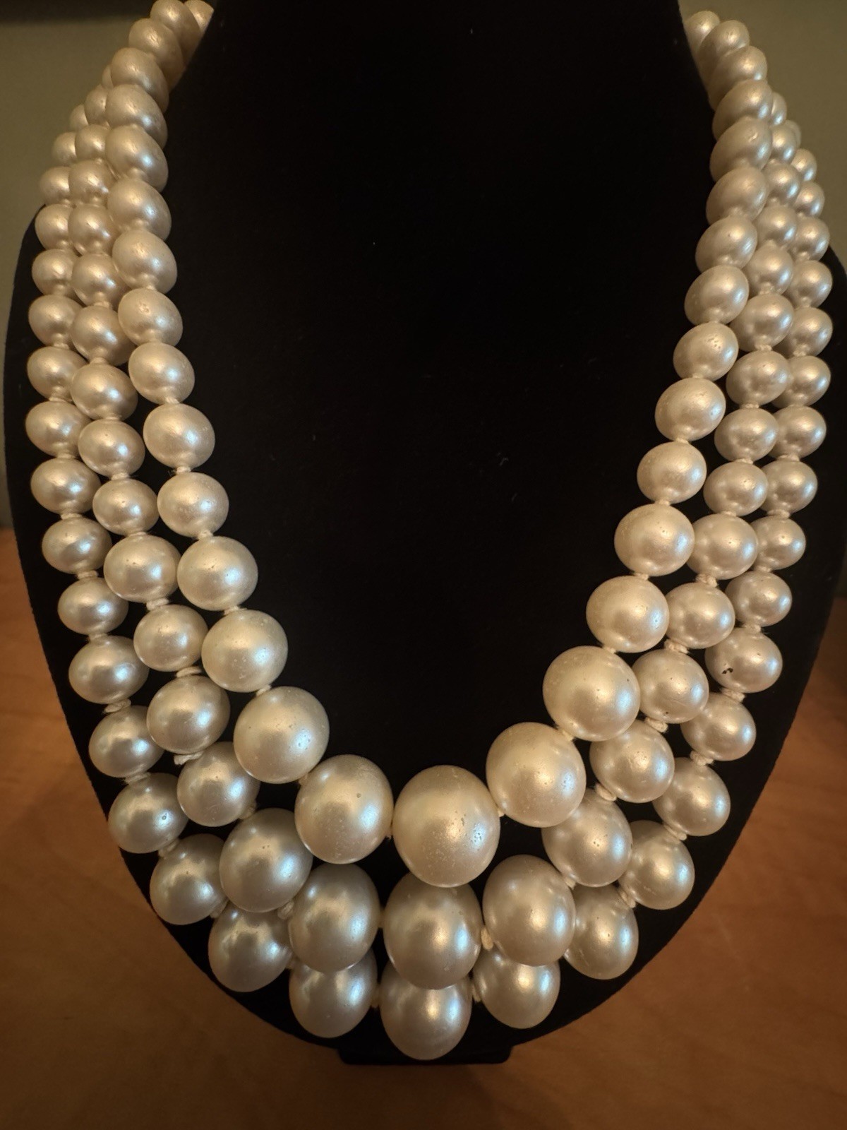 Antique Three Strand Hand Knotted Pearl Graduated Necklace Rhinestone Clasp