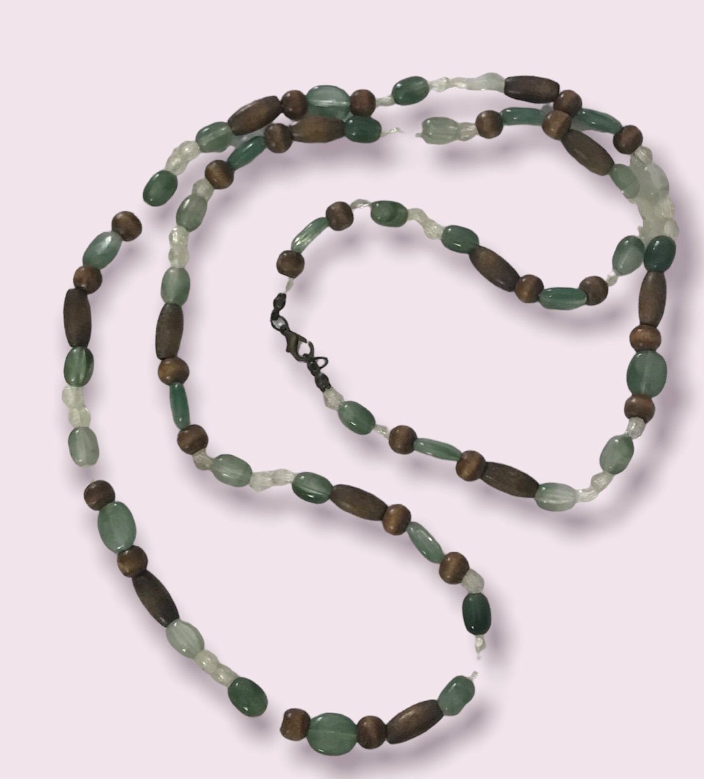 Boho Hippie 19” Necklace Different Shaped Brown Green White Clear Fashion Beads