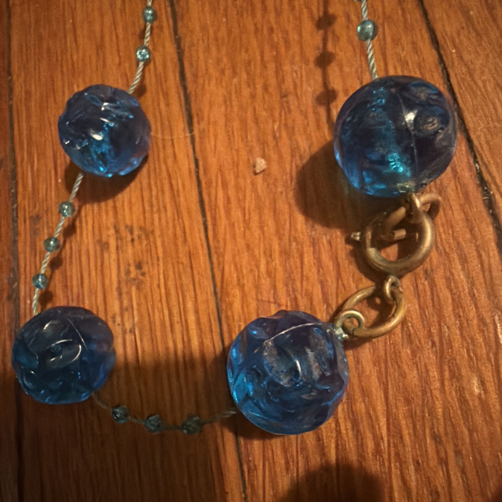 Antique Art Deco Blue Moulded Crackle Bead Satoir Necklace earrings Set Vintage