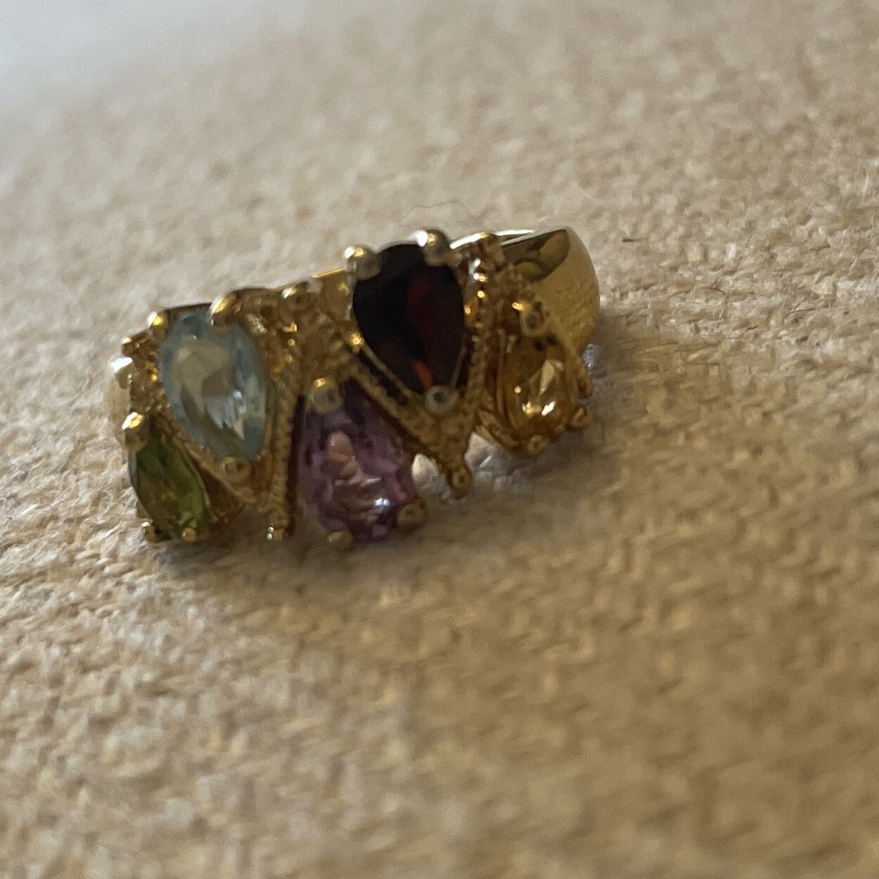 Vintage HSN Gold-Tone Ring 6 Multicolor Pear Cut Zig Zag CZ Stones Cluster
