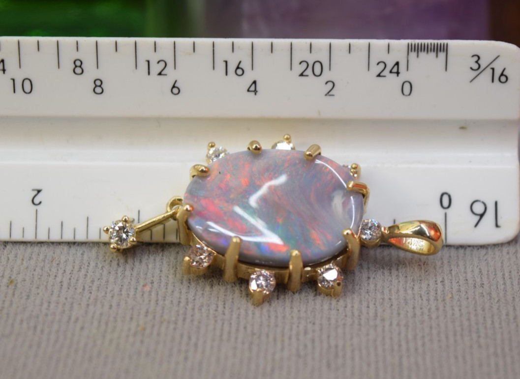 Estate Antique 14K Gold Large 10ct Black Opal Diamond Necklace Pendant