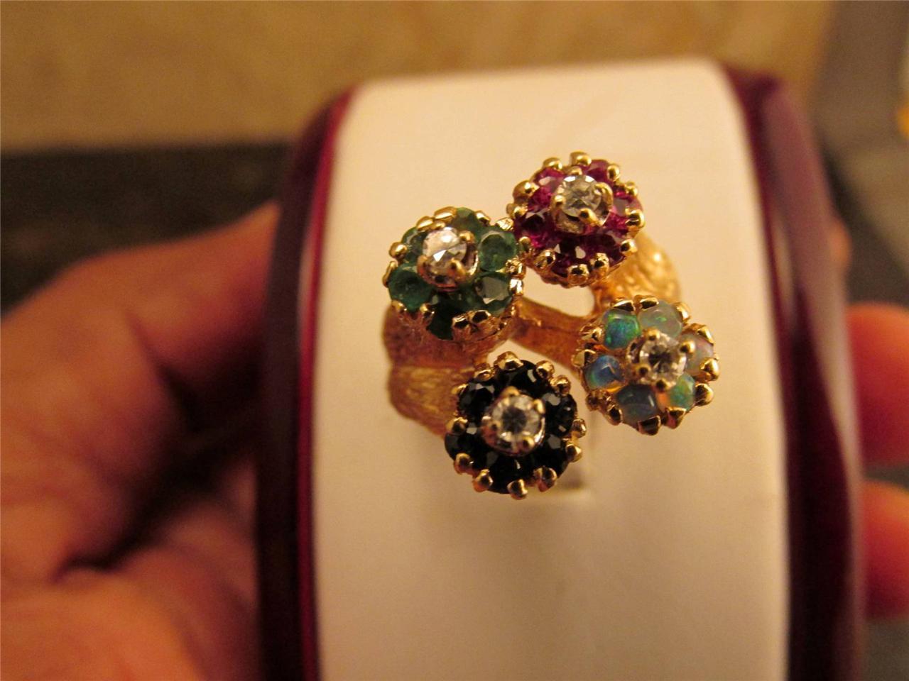 Vintage 14k Solid Gold Colorful Diamond Opal Emerald Sapphire Ruby Ring