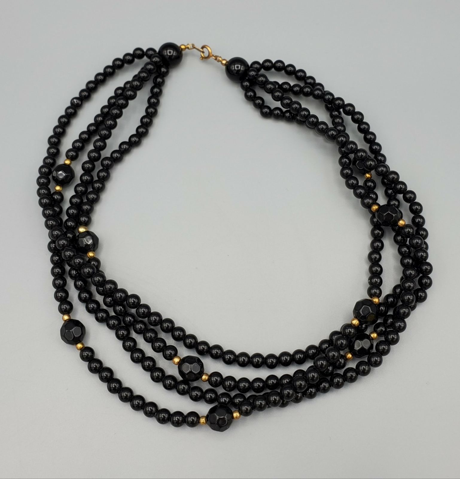 Vintage Black Lucite and Gold Tone Bead Multi Strand Layered Necklace 16″