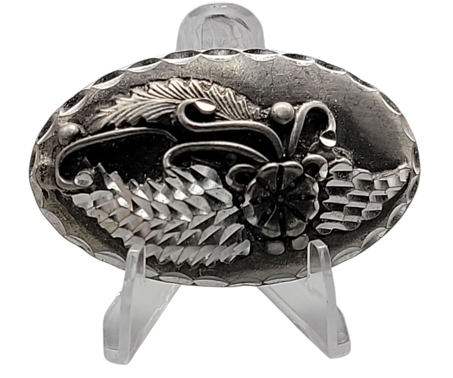 Vtg Oval Floral Feather Brooch Silver Plated Unmarked South Western Design