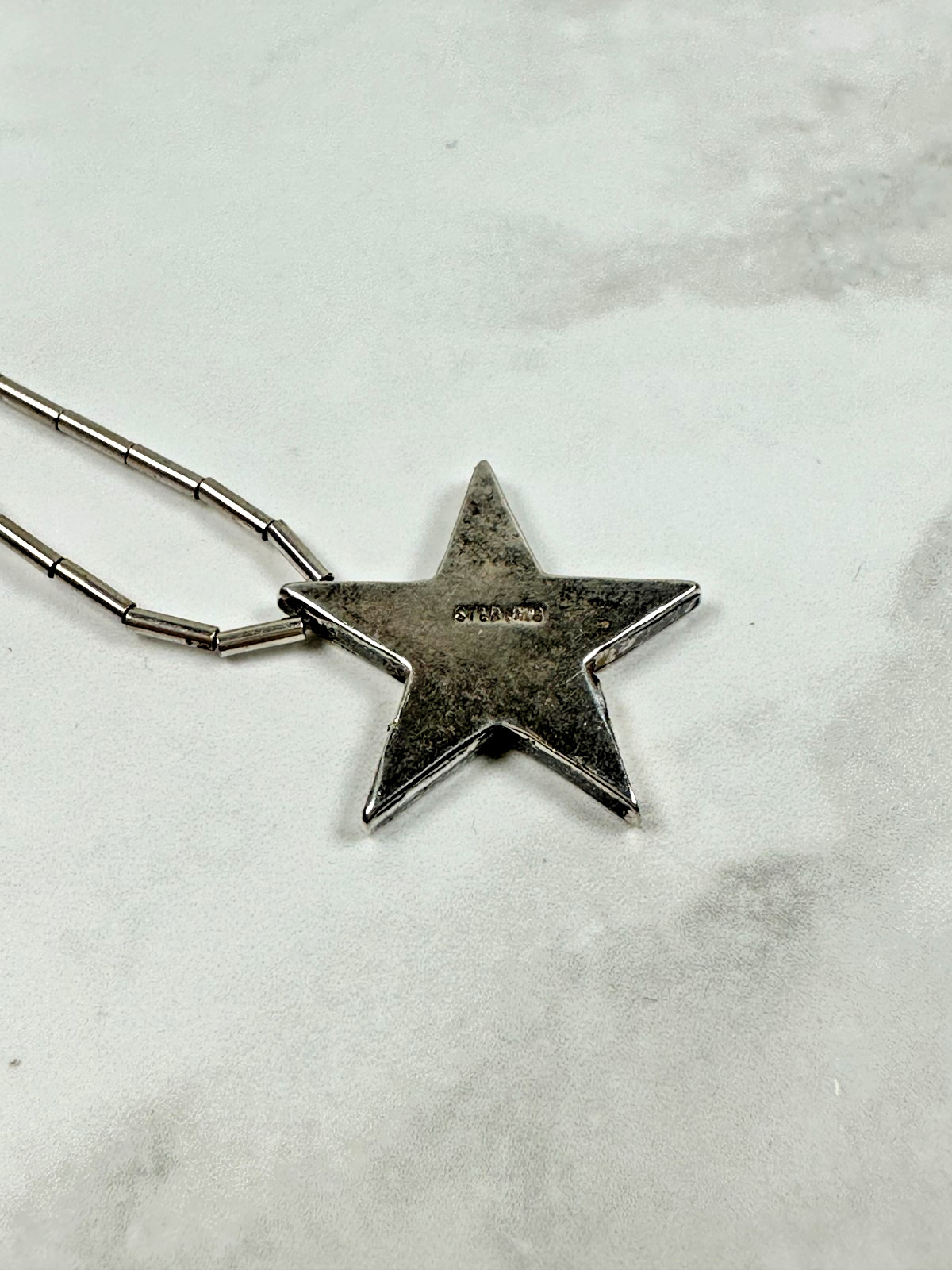Sterling Silver Star Necklace & Stud Earrings w/ Turquoise Chip Inlay – 14″
