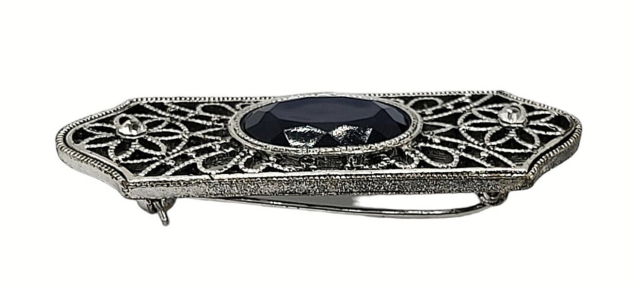 Filigree Center Bar Pin Brooch Silver Tone Blue Crystal Acrylic Floral Design