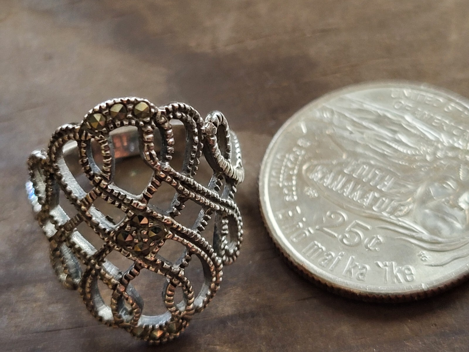 Vintage CW 925 Sterling Silver Scrolled Filigree Beaded Marcasite Ring Size 6.5