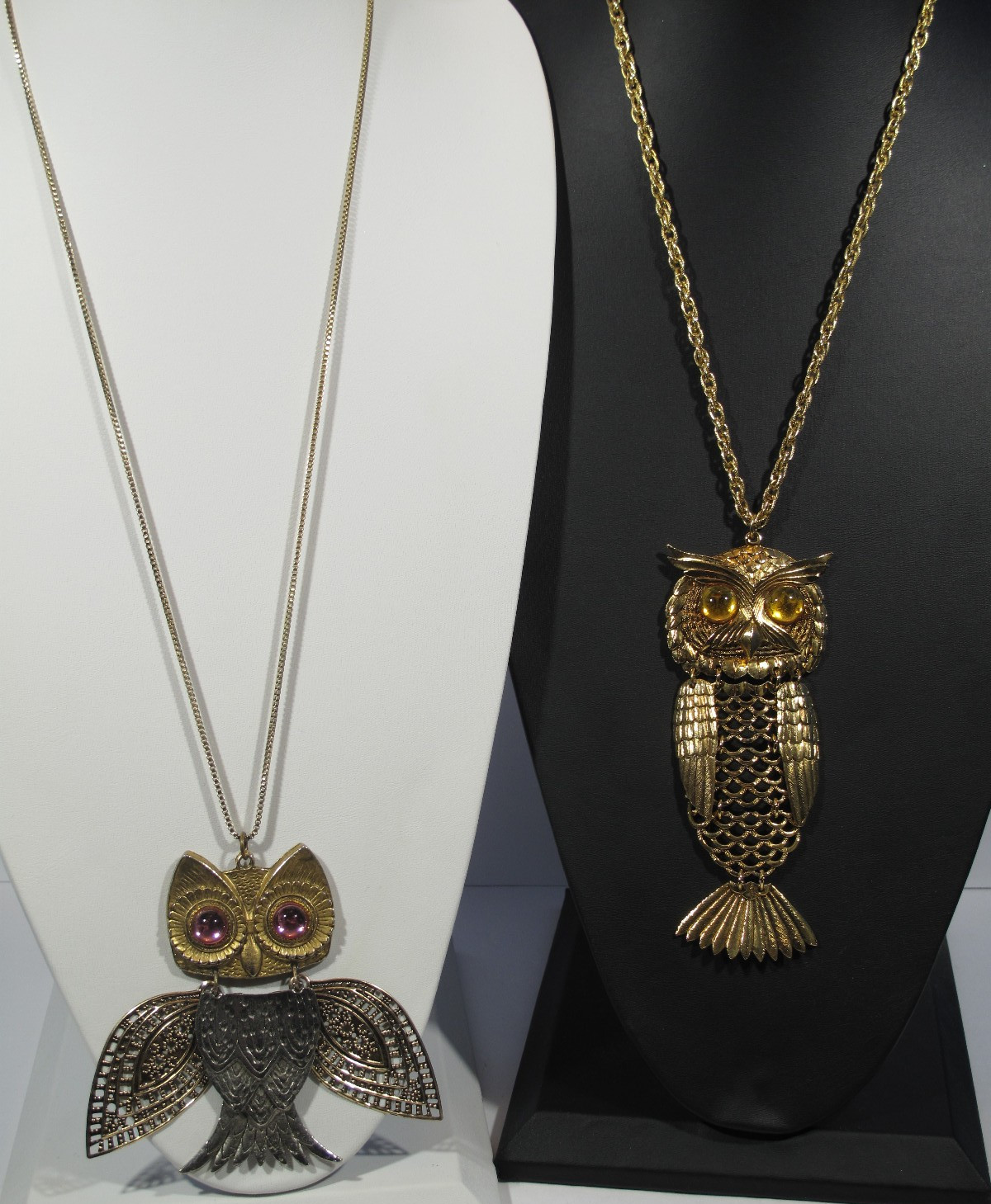Lot of 2 VTG Owl Necklace Gold~Silver Tone~Pink~Amber Eyes~24″-30″ Chain-64-108g