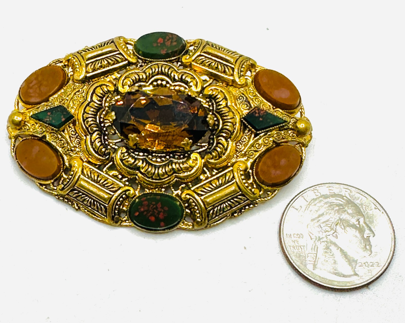 Rare Ornate Antique Victorian Art Nouveau Czechoslovakia BLOODSTONE Brooch