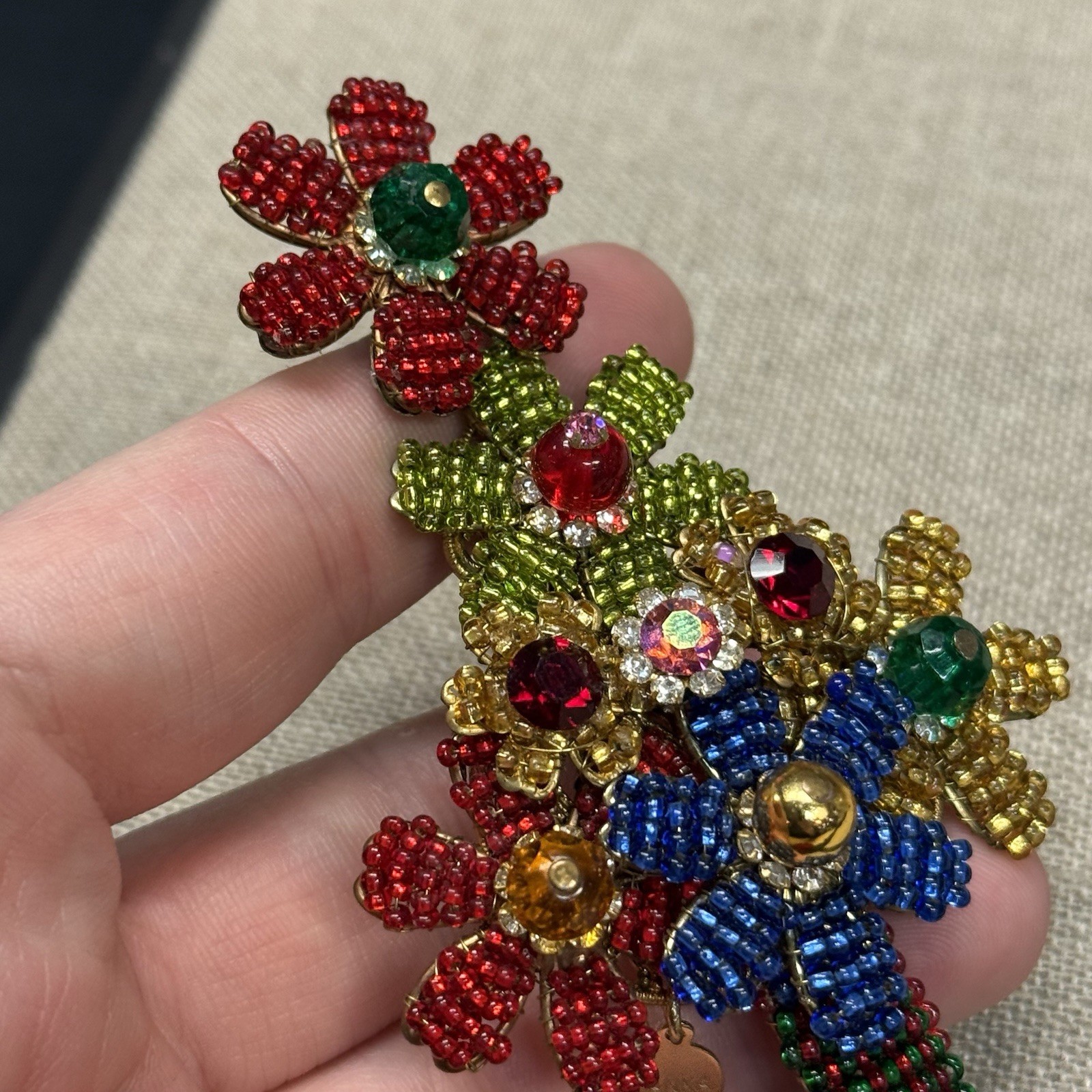 Vintage ANKA Gold Tone Beaded Christmas Tree Brooch 4”