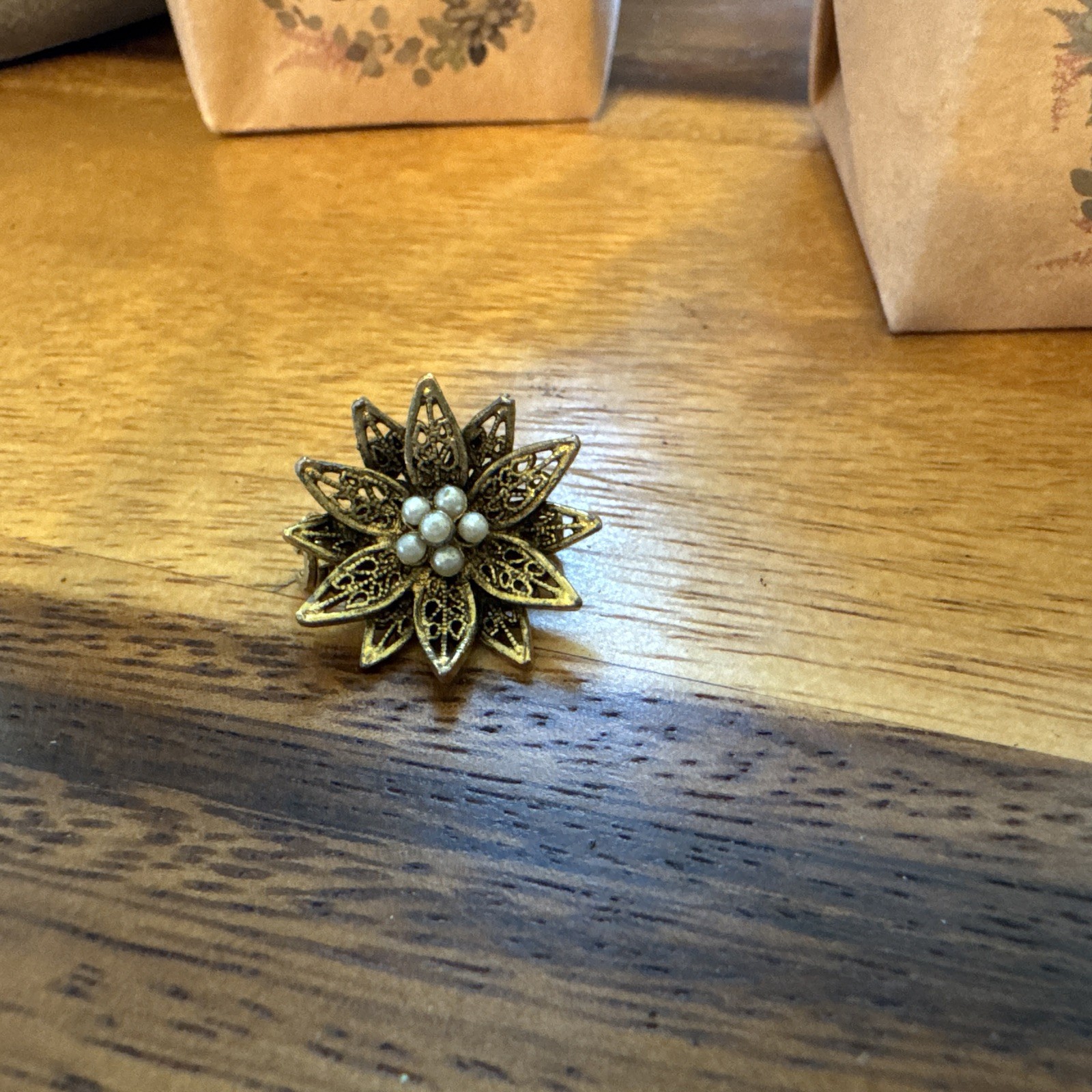 Vintage Tacoa Gold Toned Flower Pearl Brooch Signed Dainty Lapel Pin Old Money